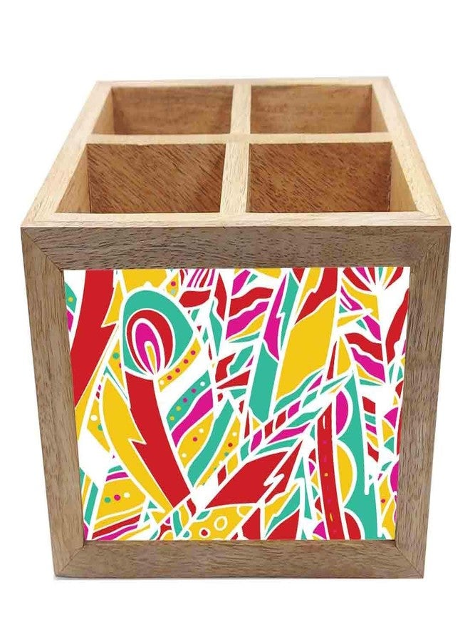 نتكيس حامل أدوات مائدة خشبي من نوتكيس، منظم ملاعق وشوك وسكاكين، مناسب لطاولة الطعام والمطبخ - صنع في الهند - الملاعق غير متضمنة - ريش قوس قزح - Image 4